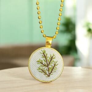 Pine sprig in Goldtone Bezel Embroidery Necklace